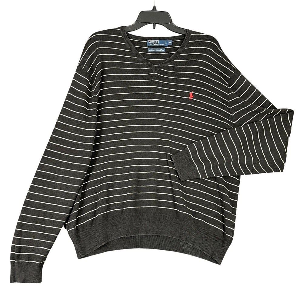 Polo Ralph Lauren Pima Cotton Sweater‎ Mens XL V Neck Striped Classic